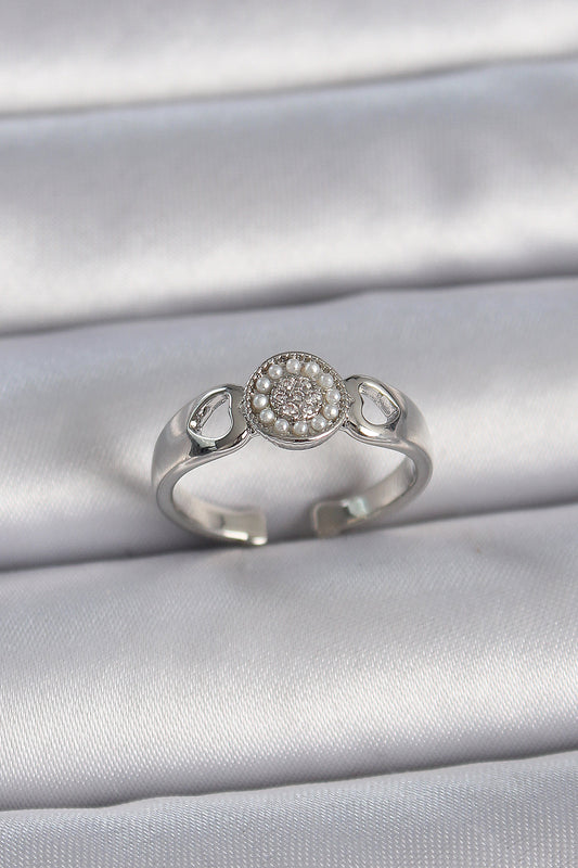 Brass Silver Color Zircon Stone Pearl Heart Embroidery Detail Adjustable Model Women's Ring