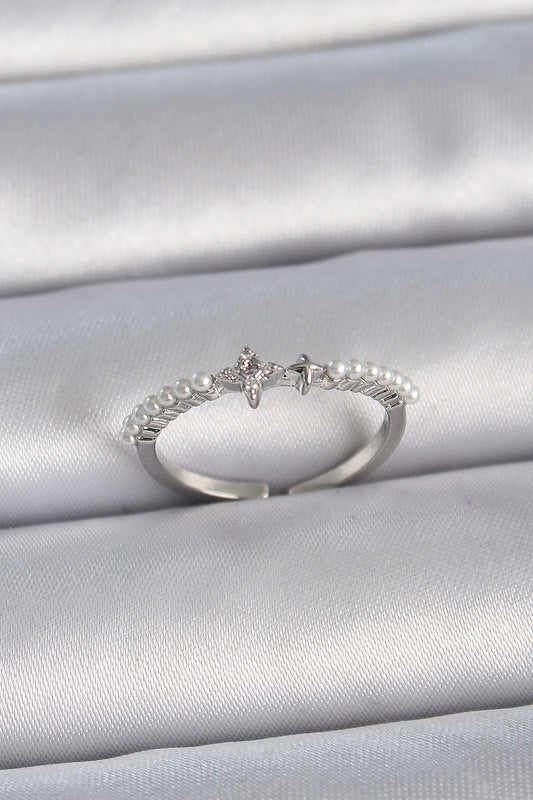 Brass Silver Color Zircon Stone Row Pearl Adjustable Model Women's Ring