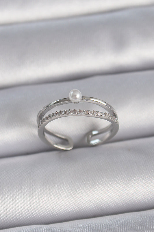 Brass Silver Color Zircon Stone Pearl Detail Adjustable Model Women's Ring