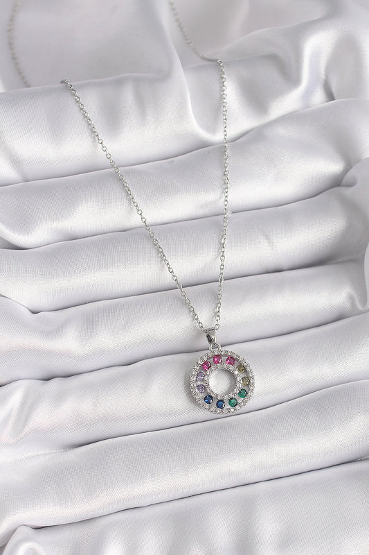 316L Steel Silver Color Chain Colorful Zircon Stone Medallion Model Women's Necklace