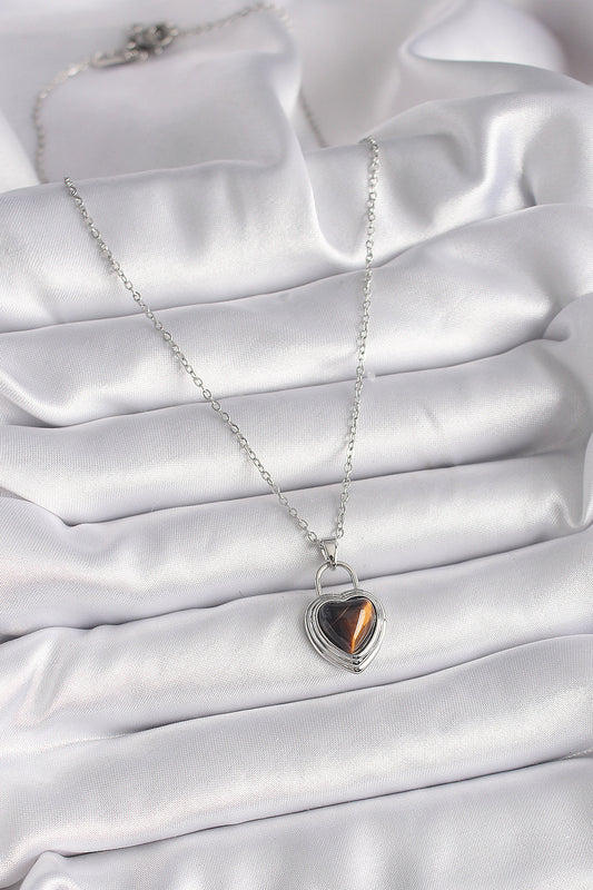316L Steel Silver Color Chain Lock Heart Amber Bead Model Women's Necklace
