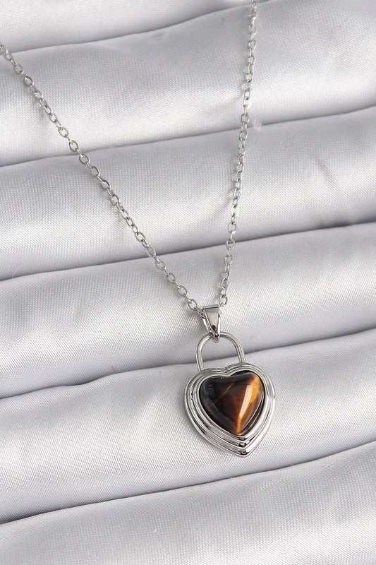 316L Steel Silver Color Chain Lock Heart Amber Bead Model Women's Necklace