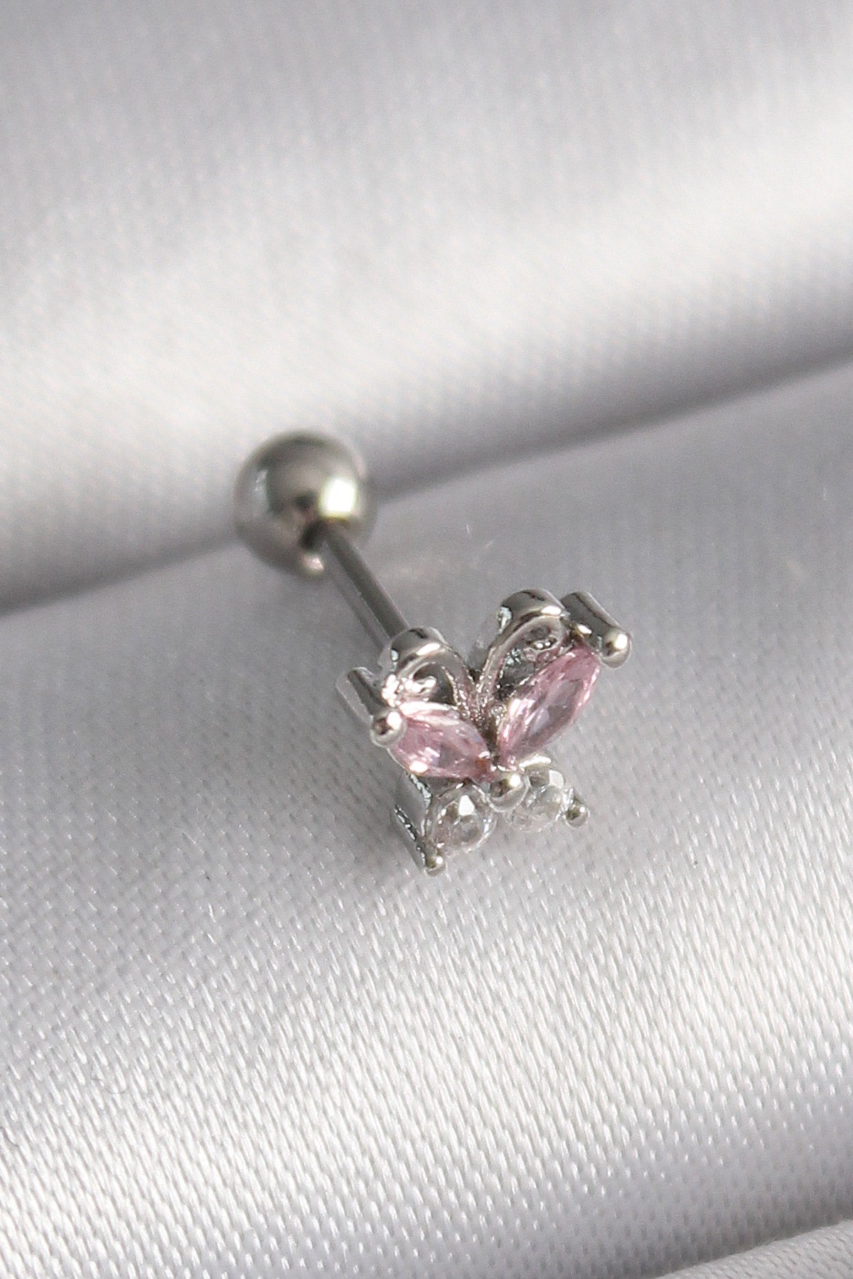 316L Steel Silver Color Pink Zircon Stone Butterfly Tragus Piercing