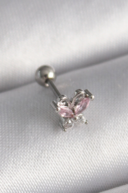 316L Steel Silver Color Pink Zircon Stone Butterfly Tragus Piercing