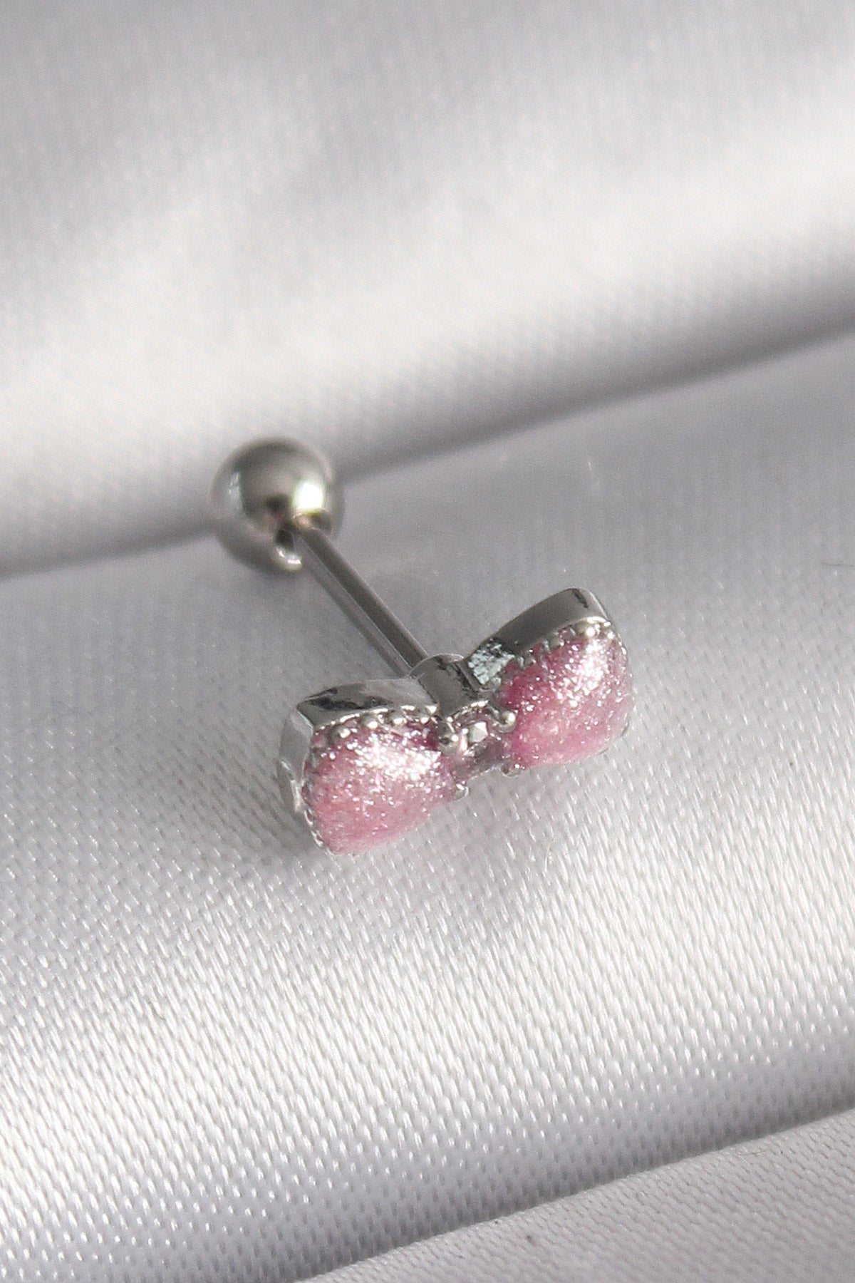 316L Steel Silver Color Pink Ribbon Zircon Stone Detail Tragus Piercing