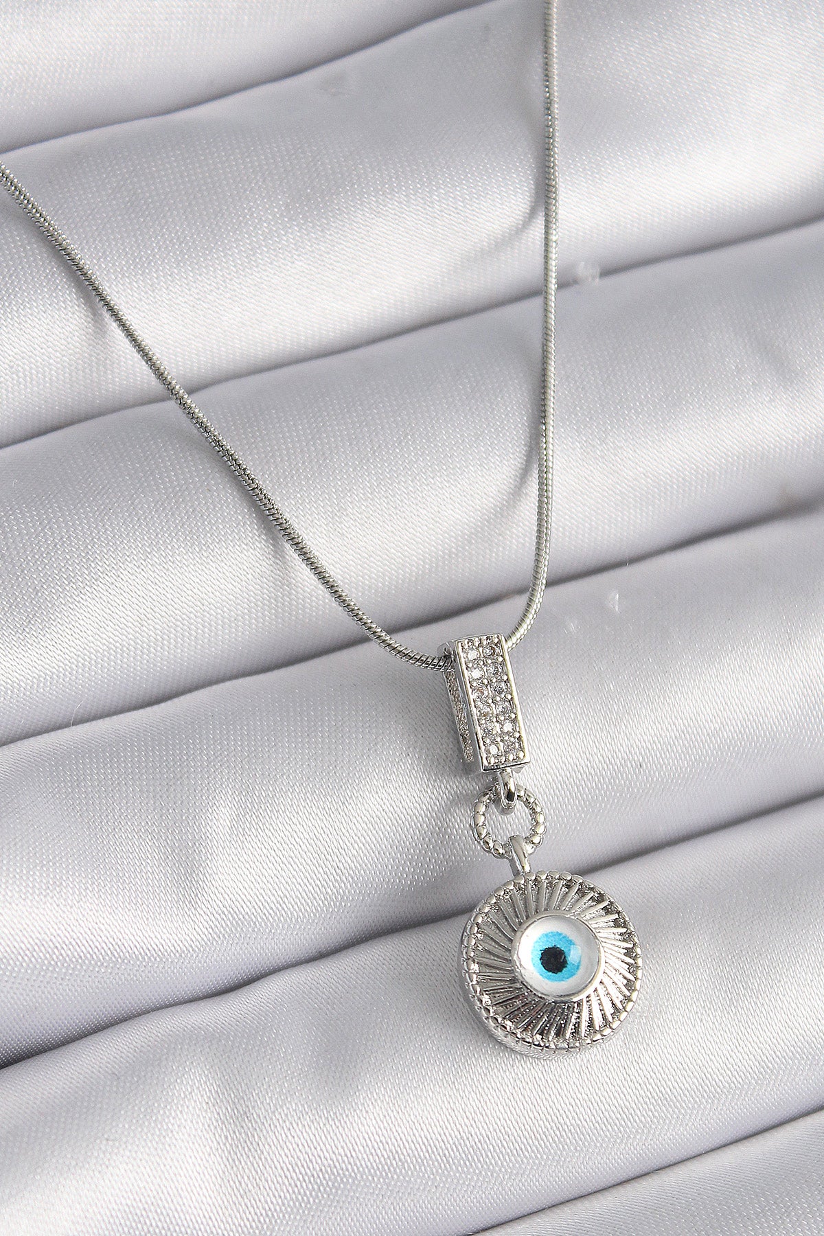 316L Steel Silver Color Zircon Stone Evil Eye Bead Model Women's Necklace
