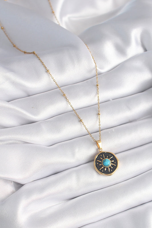 316L Steel Gold Color Blue Beaded Sun Embroidered Medallion Model Women's Necklace