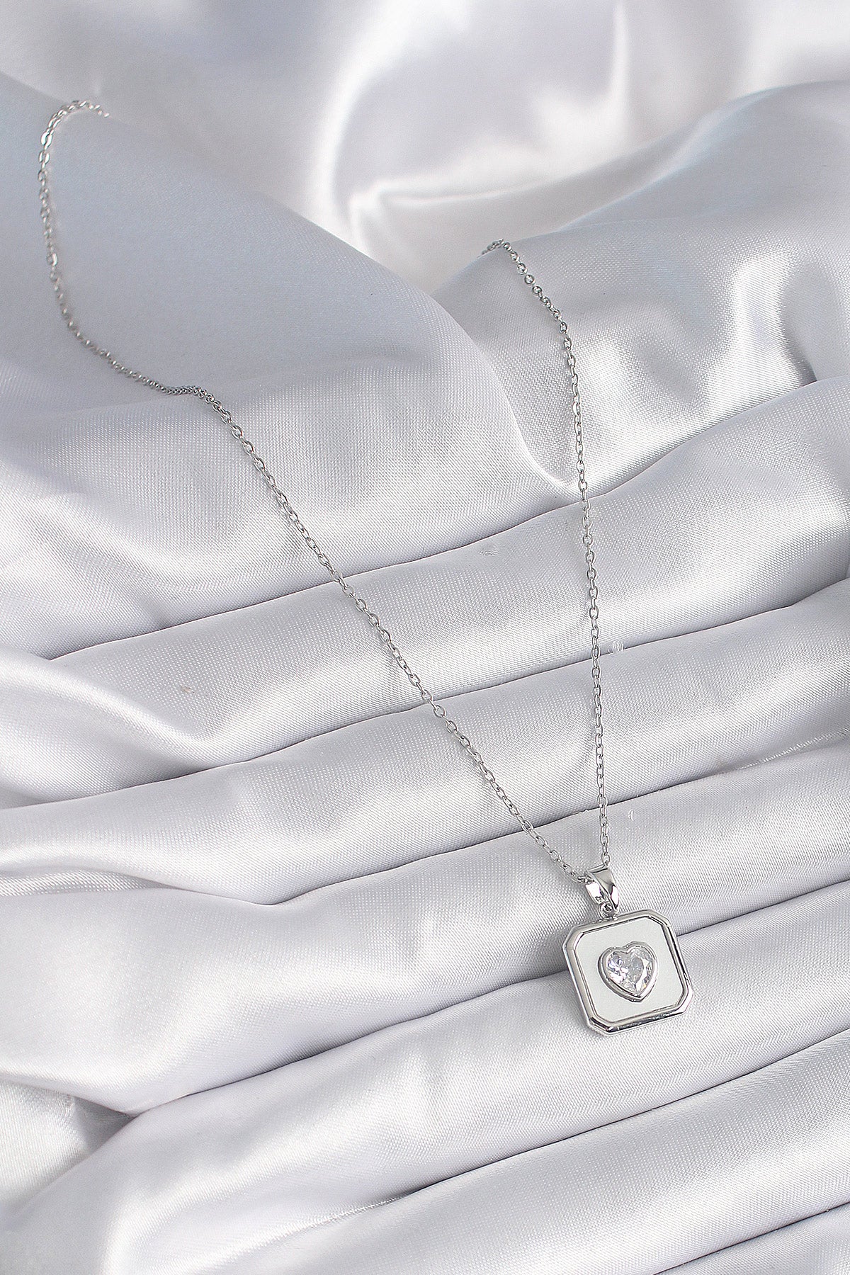 316L Steel Silver Color Square Medallion Heart Zircon Stone Embroidery Women's Necklace