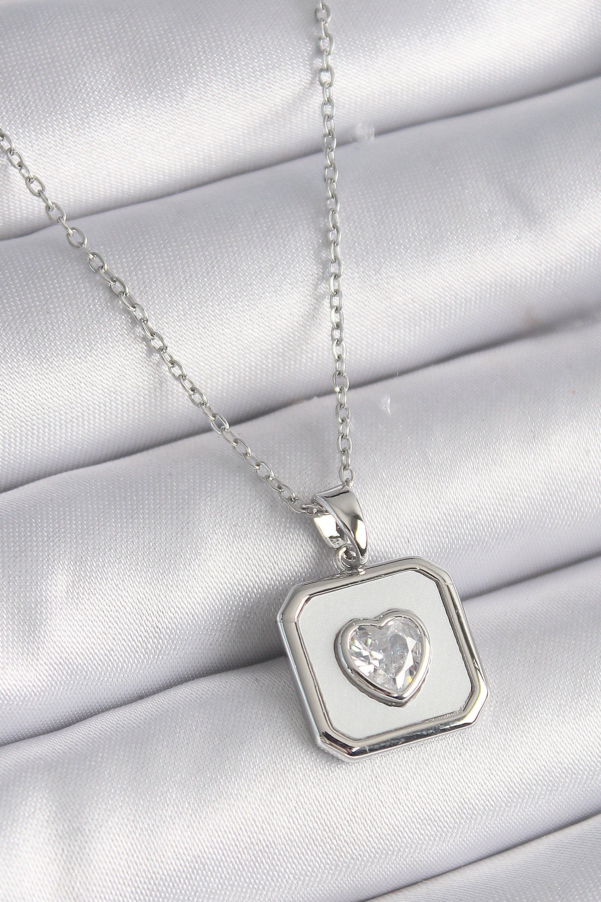316L Steel Silver Color Square Medallion Heart Zircon Stone Embroidery Women's Necklace