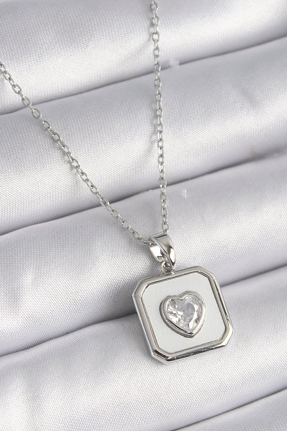 316L Steel Silver Color Square Medallion Heart Zircon Stone Embroidery Women's Necklace