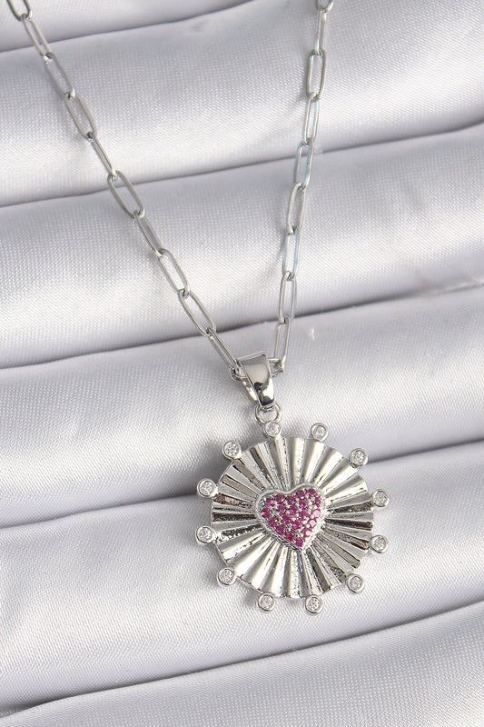 316L Steel Silver Color Pink Zircon Stone Heart Engraved Medallion Model Women's Necklace