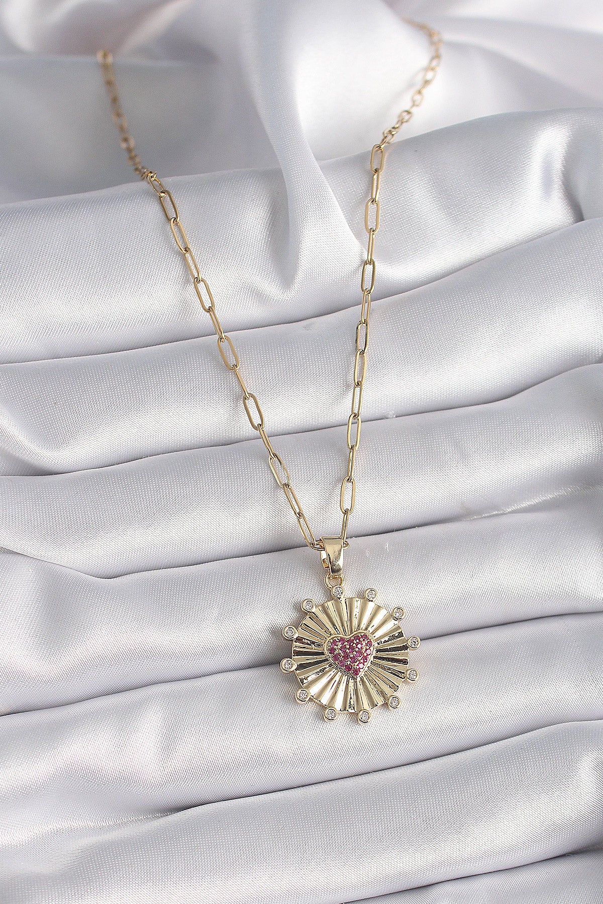 316L Steel Gold Color Pink Zircon Stone Heart Engraved Medallion Model Women's Necklace