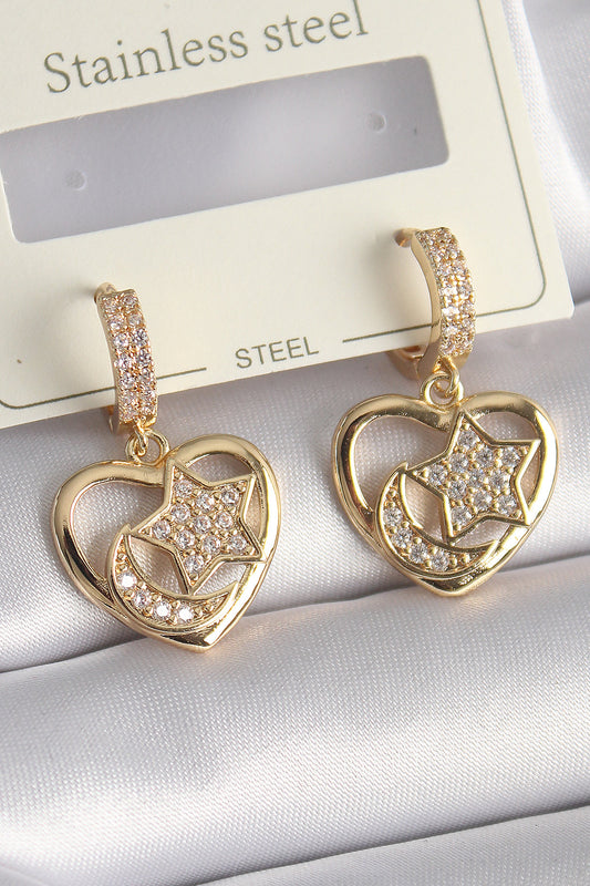 Brass Gold Color Zircon Stone Heart Model Crescent Star Embroidery Women's Earrings