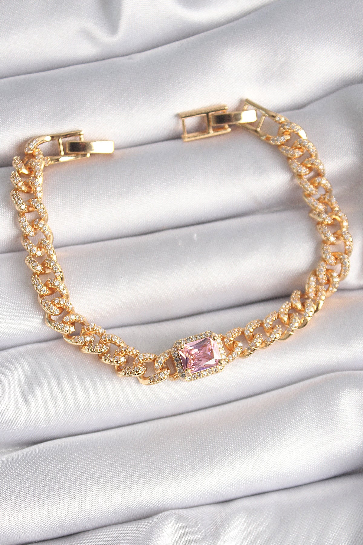 Brass Gold Color Pink Square Zircon Stone VIP Series Women's Bracelet