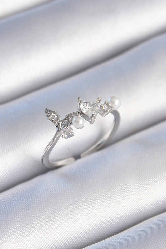 Brass Silver Color Zircon Stone Heart Leaf Model Pearl Detail Women's Ring