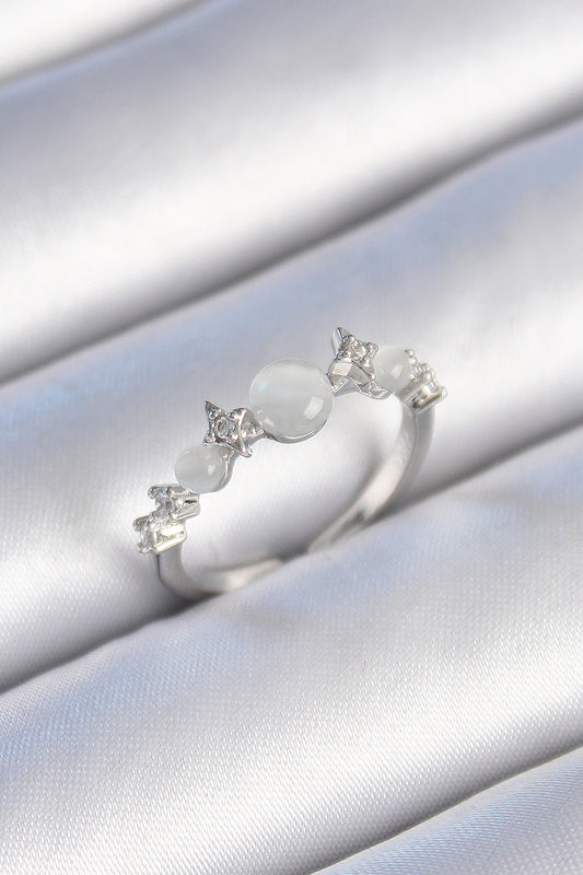 Brass Silver Color Zircon Stone Star Detail White Enamel Women's Ring