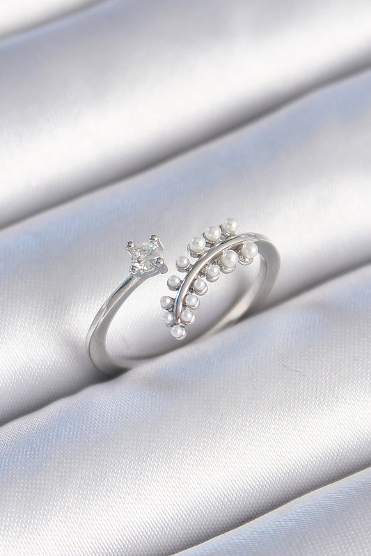 Brass Silver Color Zircon Stone Pearl Leaf Model Women's Ring