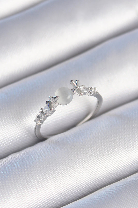 Brass Silver Color Zircon Stone White Enamel Butterfly Detail Women's Ring