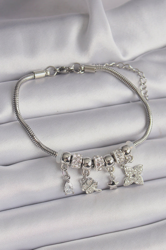 Brass Silver Color Chain Pendant Zircon Stone Clover Figure Charm Bracelet