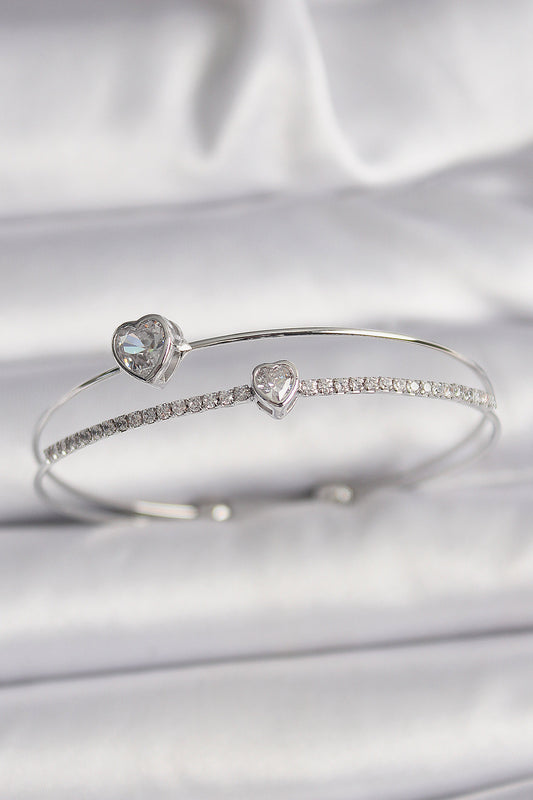 Brass Silver Color Zircon Stone Heart Model Women's Bracelet