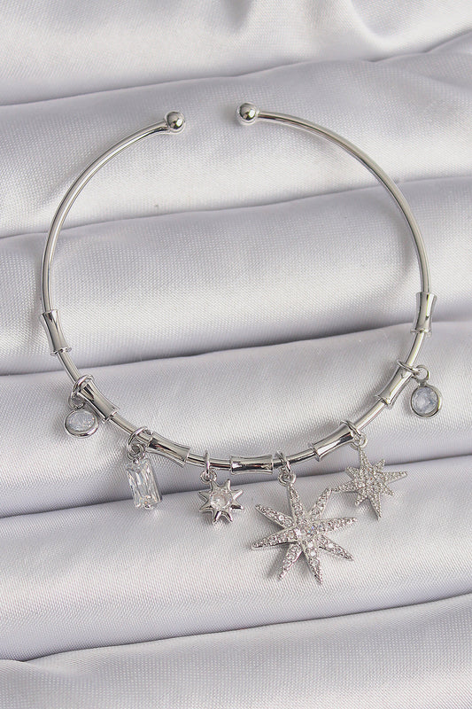 Brass Silver Color Dangle Zircon Stone Pole Star Figure Charm Bracelet