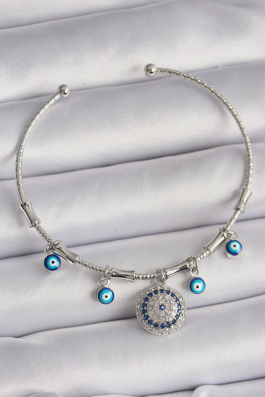 Brass Silver Color Dangle Zircon Stone Evil Eye Bead Figure Charm Bracelet