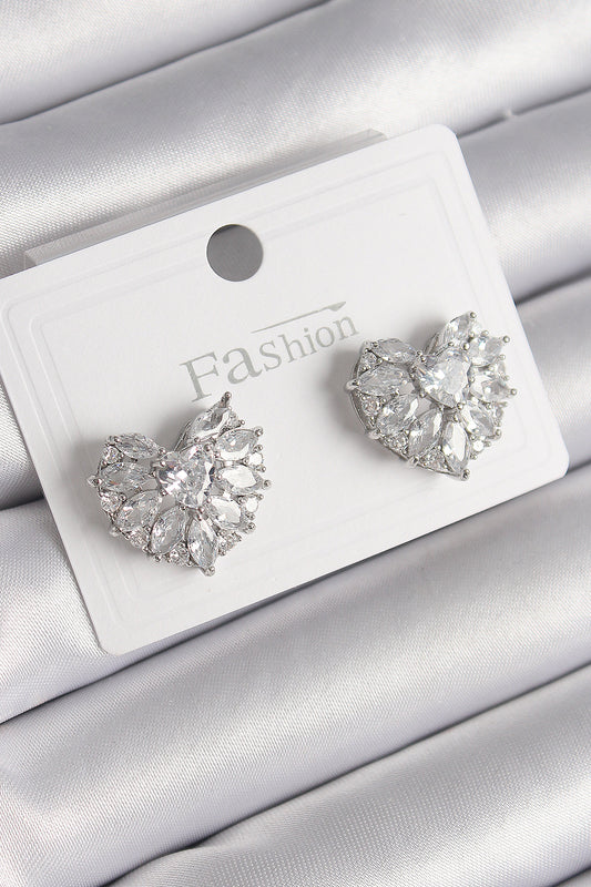 Pirinç Gümüş Renk Zirkon Taşlı Kalp Model Kadın Küpe