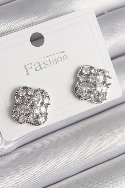 Brass Silver Color Zircon Stone Clover Model Women's Earrings