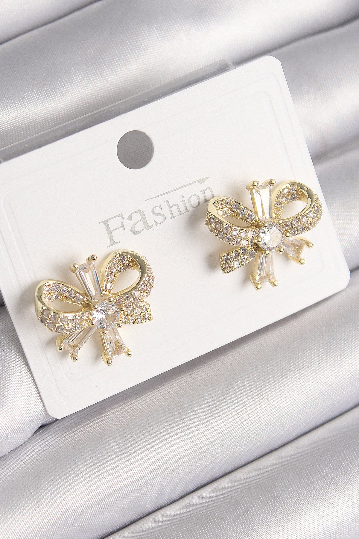 Brass Gold Color Zircon Stone Bow Model Women's Earrings