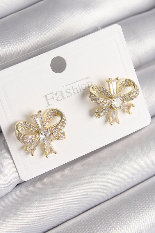 Brass Gold Color Zircon Stone Bow Model Women's Earrings