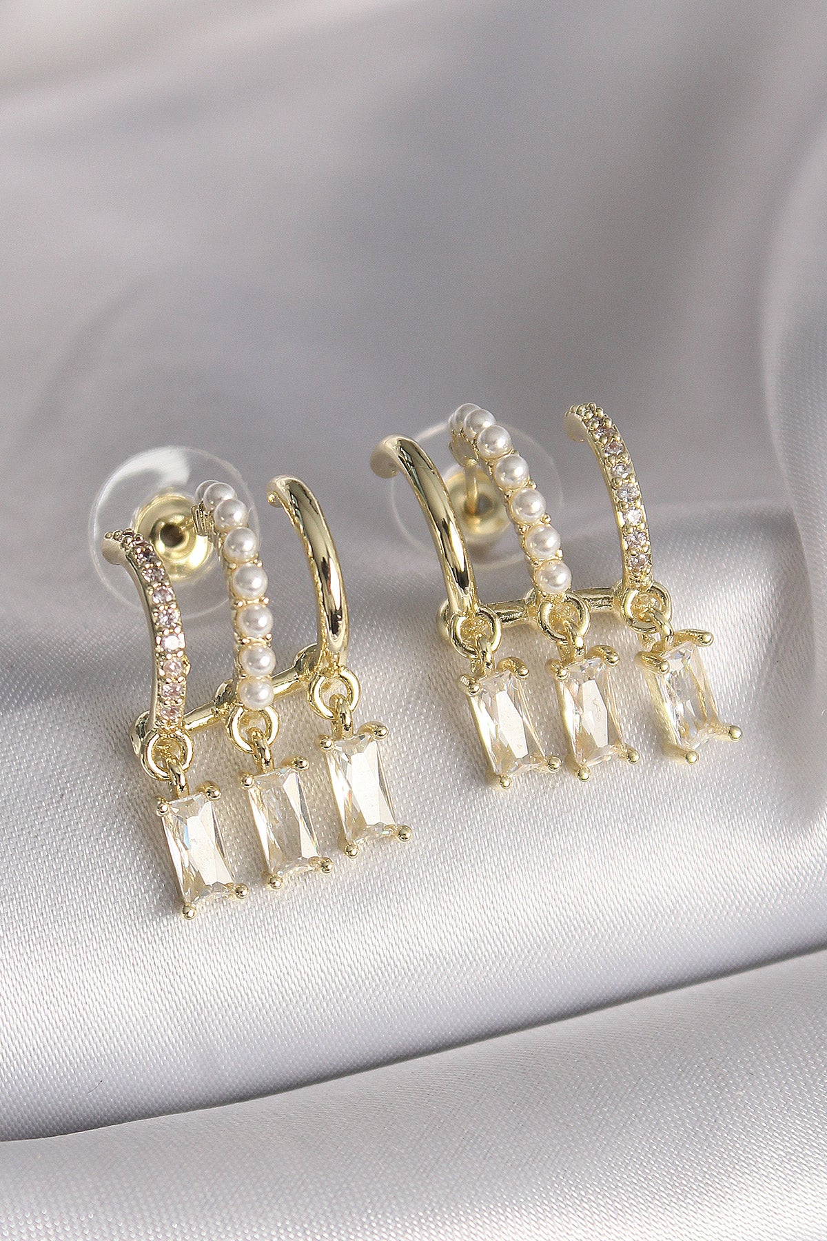 Brass Gold Color Pearl Detailed Dangle Zircon Stone Women's Earrings