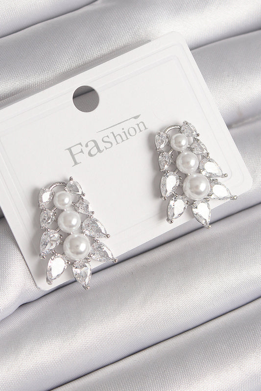 Brass Silver Color Zircon Stone Leaf Model Pearl Detail Women's Earrings