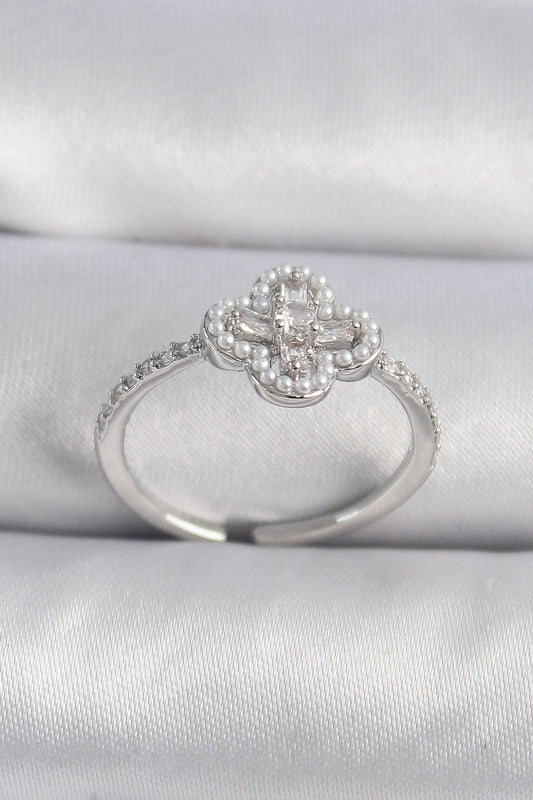 Brass Silver Color Zircon Stone Clover Model Pearl Detail Women's Ring