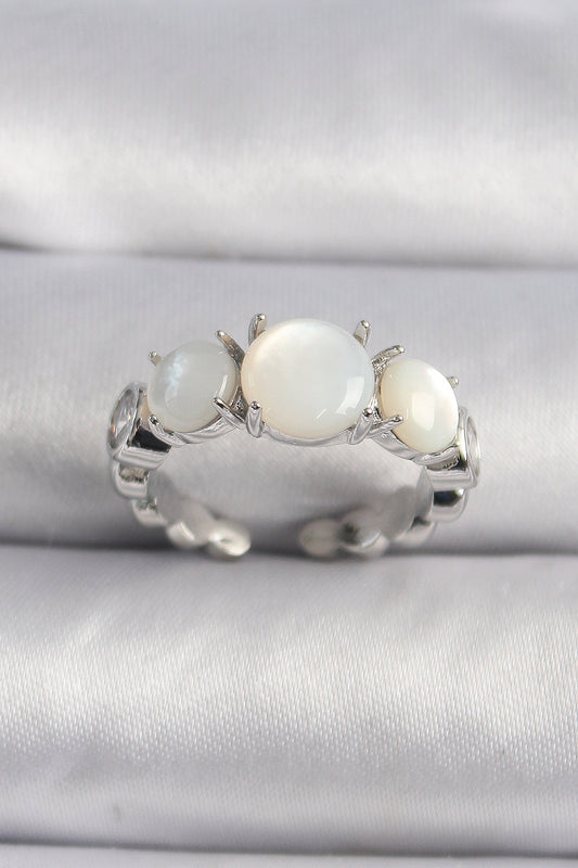 Brass Silver Color Zircon Stone Detailed White Mother-of-Pearl VIP Series Women's Ring