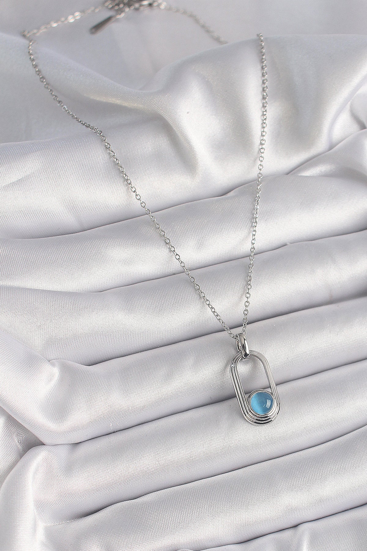 316L Steel Silver Color Chain Blue Cat Eye Model Women's Necklace