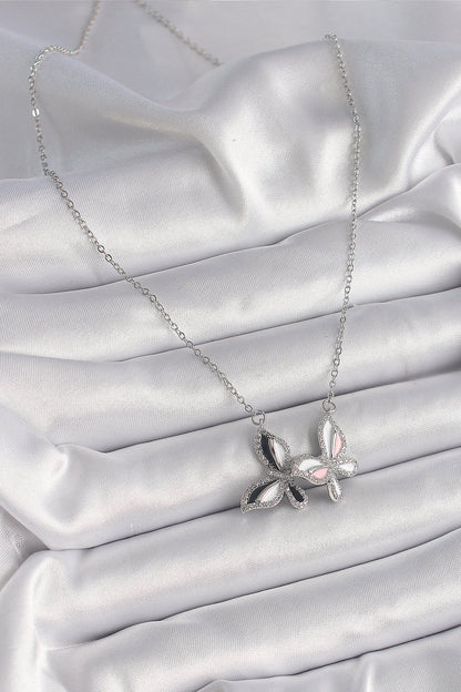 316L Çelik Gümüş Renk Zincir Zirkon Taşlı Renkli Kelebek Model Kadın Kolye