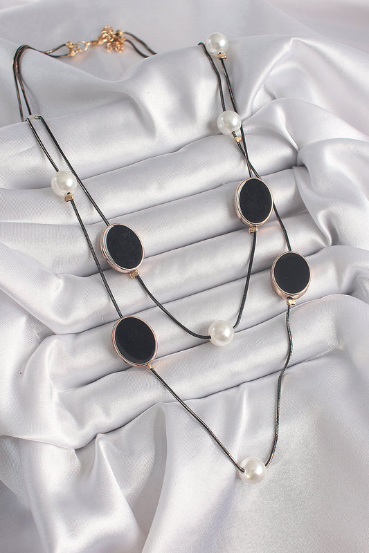 Brass Black Color Chain Pearl Detailed Multi Women's Necklace