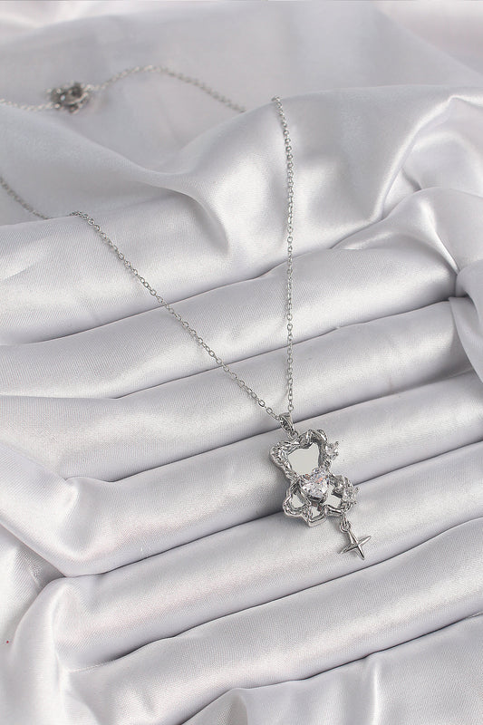 316L Steel Silver Color Mirror Teddy Bear Model Zircon Stone Heart Detail Women's Necklace
