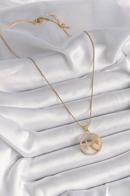 316L Steel Gold Color Chain Zircon Stone Star Engraved Medallion Model Women's Necklace