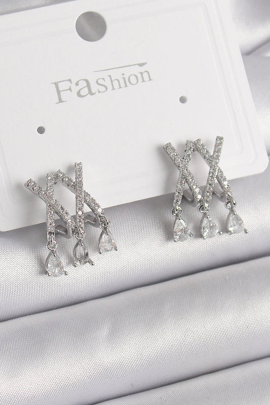 Brass Silver Color Zircon Stone X Model Dangle Detail Women's Earrings
