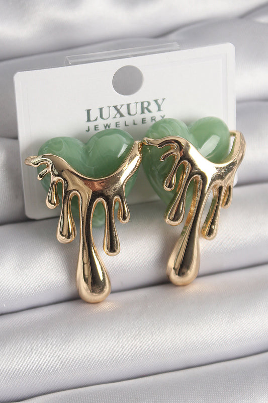 Brass Gold Color Green Pearl Flowing Heart Model Women's Earrings