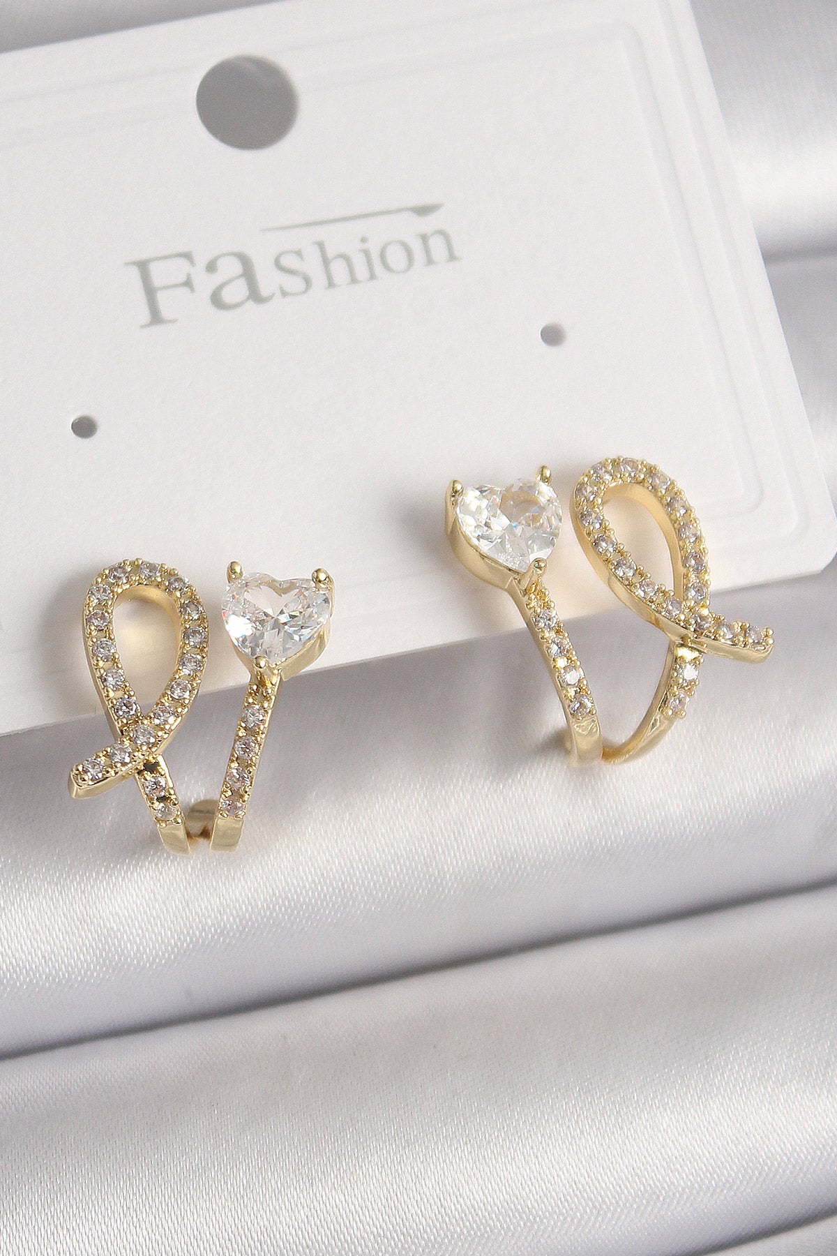Brass Gold Color Knot Model Zircon Stone Heart Detail Women's Earrings