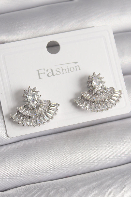 Brass Silver Color Zircon Stone Fan Model Women's Earrings