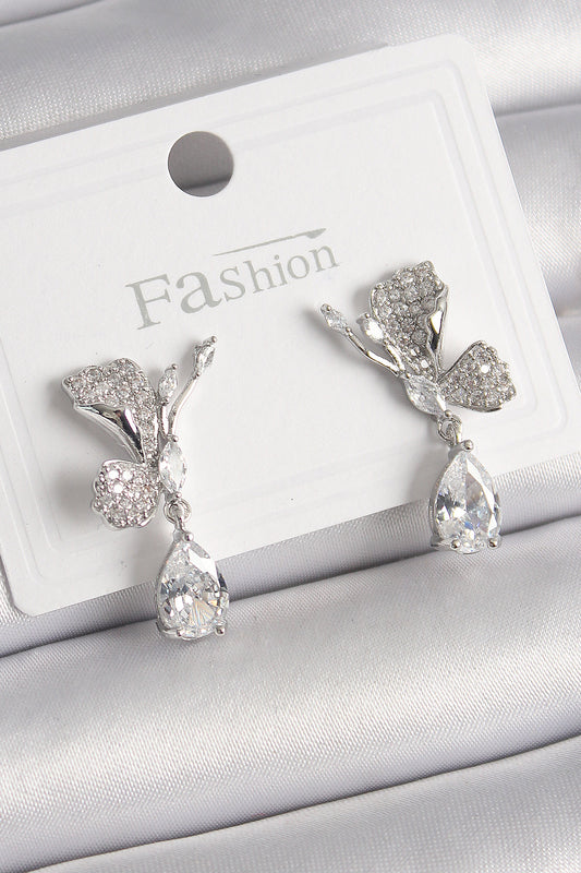Brass Silver Color Zircon Stone Crane Bird Model Dangle Detail Women's Earrings