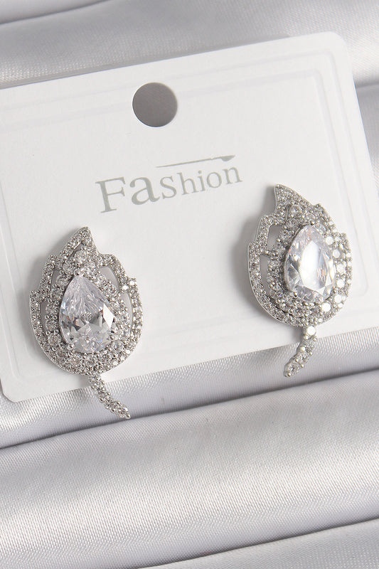 Brass Silver Color Zircon Stone Leaf Model Women's Earrings