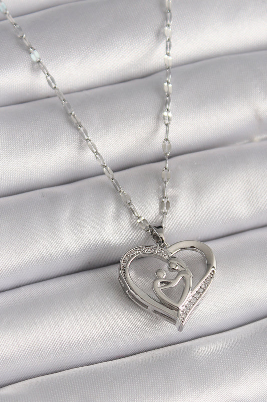 316L Steel Silver Color Chain Zircon Stone Heart Mother Child Figure Women's Necklace