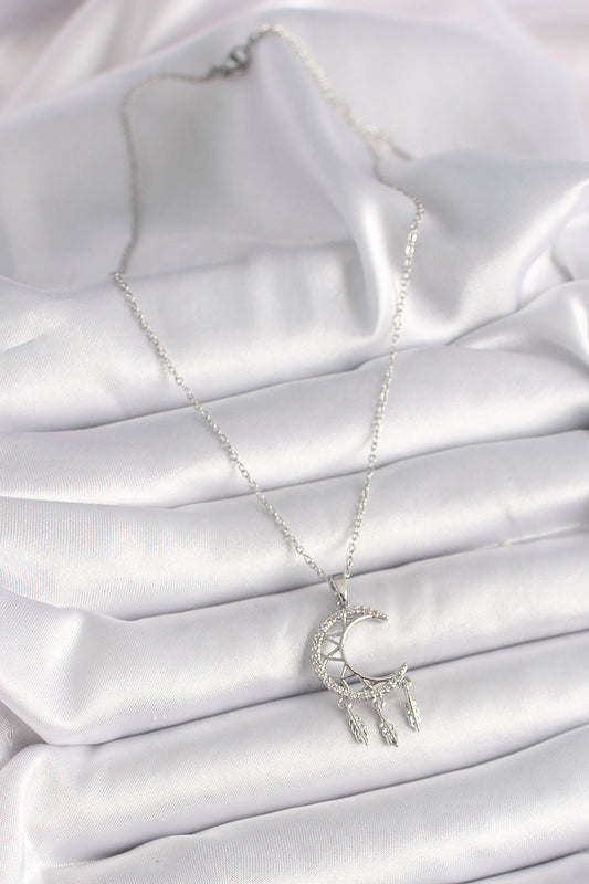 316L Steel Silver Color Chain Zircon Stone Crescent Model Pendant Leaf Detail Women's Necklace