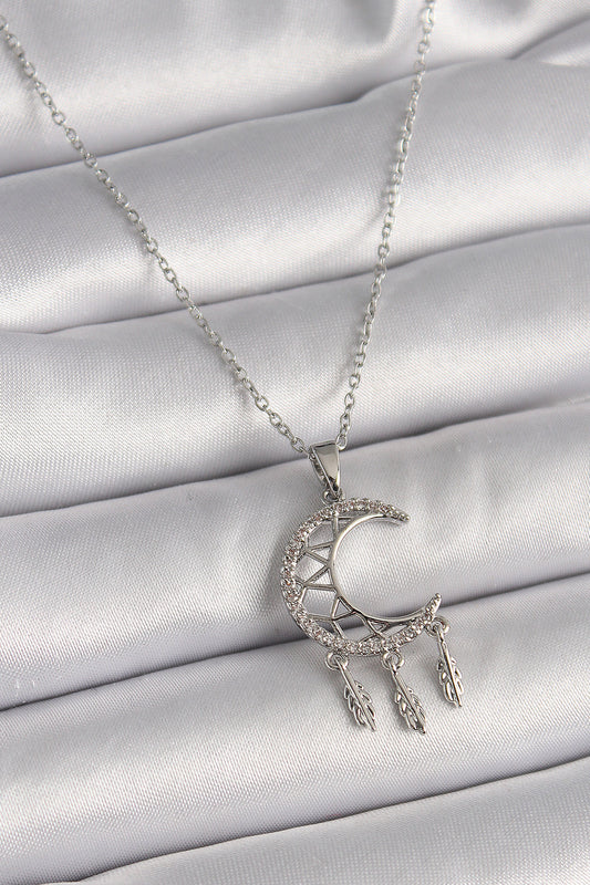 316L Steel Silver Color Chain Zircon Stone Crescent Model Pendant Leaf Detail Women's Necklace
