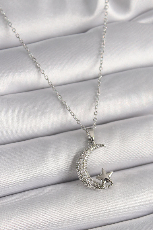 316L Steel Silver Color Chain Zircon Stone Crescent Model Star Detail Women's Necklace