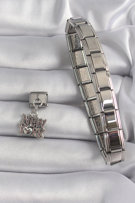 316L Steel Silver Color Dangle New York Lettering Model Nomination Charm